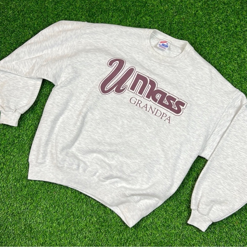 Jerzees Light Gray UMass Grandpa Crewneck Sweater